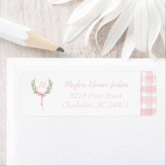 Laurel Crest Initiaal Pink Gingham Return Address Etiket