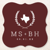 Laurel Crest Texas Bruiloft Monogram | Bourgogne Kartonnen Onderzetters (Voorkant)