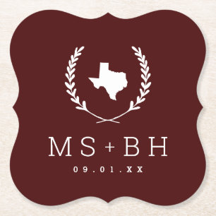 Laurel Crest Texas Bruiloft Monogram   Bourgogne Kartonnen Onderzetters