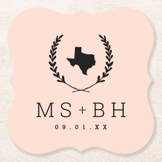 Laurel Crest Texas Wedding Monogram | Blush Kartonnen Onderzetters (Voorkant)