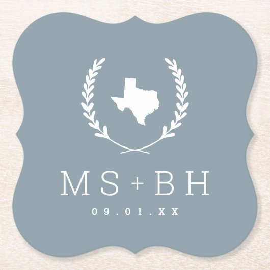 Laurel Crest Texas Wedding Monogram | Dusty Blue Kartonnen Onderzetters (Voorkant)