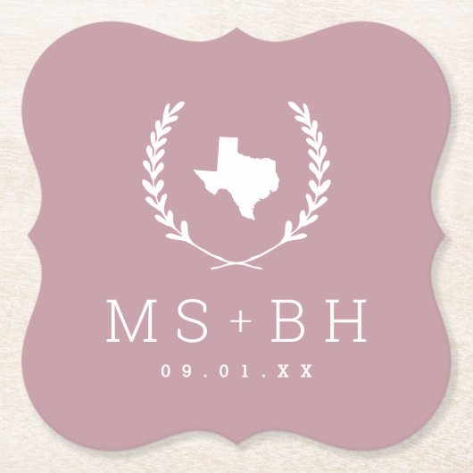 Laurel Crest Texas Wedding Monogram | Mauve Kartonnen Onderzetters (Voorkant)