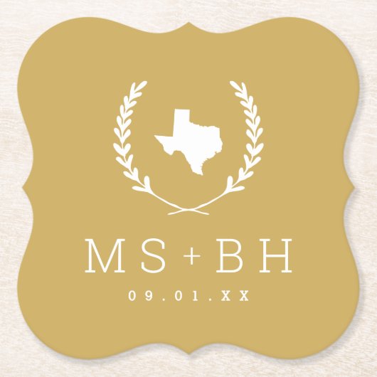 Laurel Crest Texas Wedding Monogram | Mosterd Kartonnen Onderzetters (Voorkant)