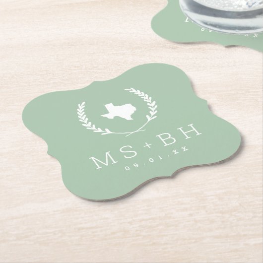 Laurel Crest Texas Wedding Monogram | Sage Kartonnen Onderzetters (Gekanteld)