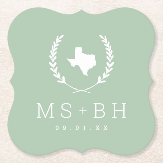 Laurel Crest Texas Wedding Monogram | Sage Kartonnen Onderzetters (Voorkant)