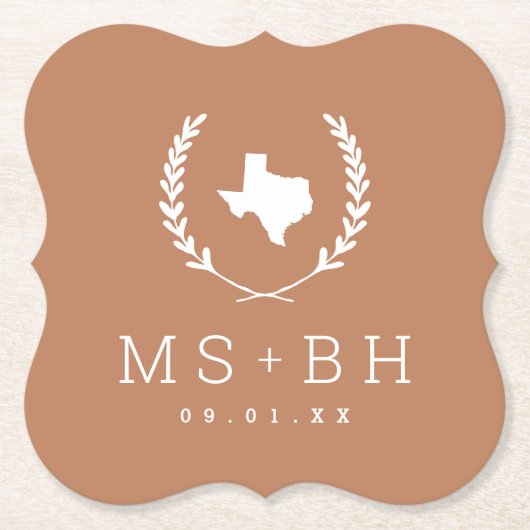 Laurel Crest Texas Wedding Monogram | Terra Cotta Kartonnen Onderzetters (Voorkant)