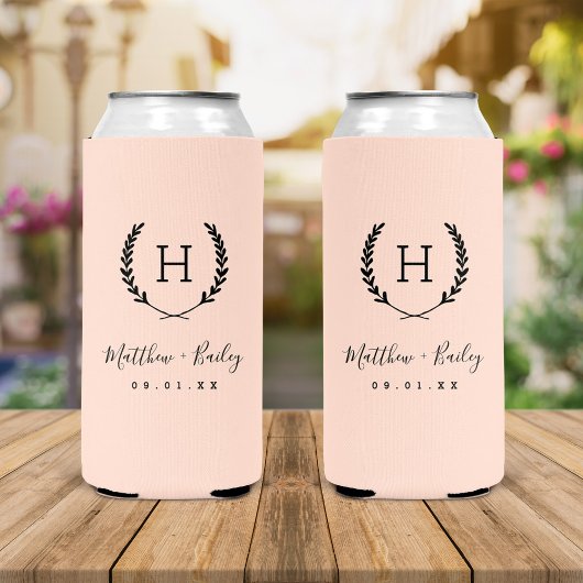 Laurel Crest Trouw Monogram | Roze Roos Seltzer Blikjeskoeler