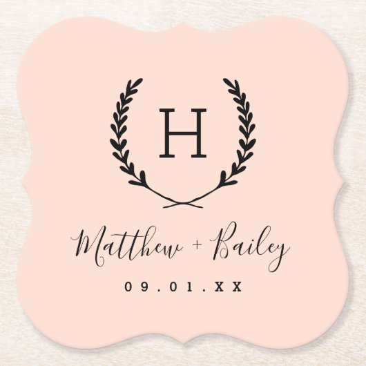 Laurel Crest Wedding Monogram | Blush Kartonnen Onderzetters (Voorkant)