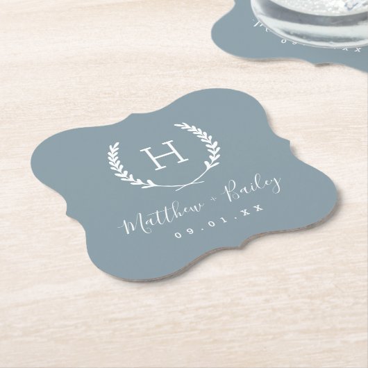 Laurel Crest Wedding Monogram | Dusty Blue Kartonnen Onderzetters (Gekanteld)