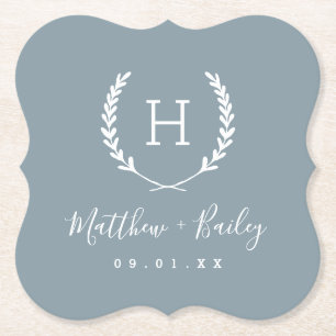Laurel Crest Wedding Monogram   Dusty Blue Kartonnen Onderzetters