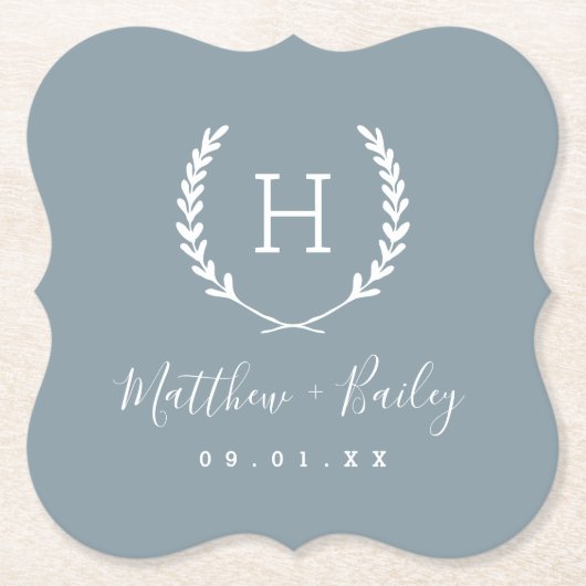 Laurel Crest Wedding Monogram | Dusty Blue Kartonnen Onderzetters (Voorkant)