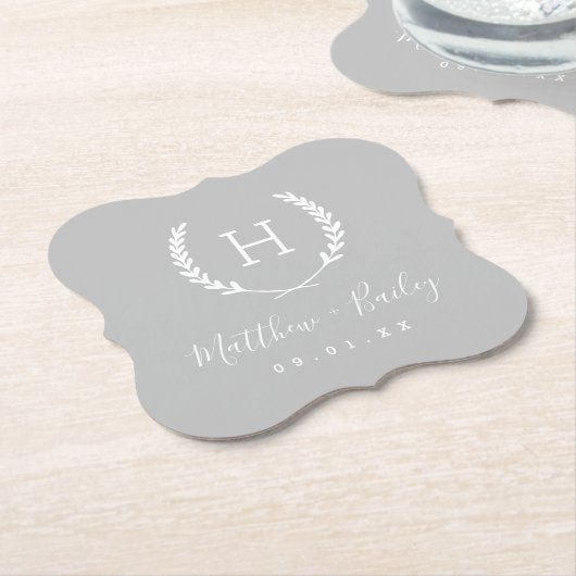 Laurel Crest Wedding Monogram | Grijs Kartonnen Onderzetters (Gekanteld)