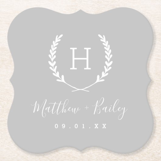 Laurel Crest Wedding Monogram | Grijs Kartonnen Onderzetters (Voorkant)