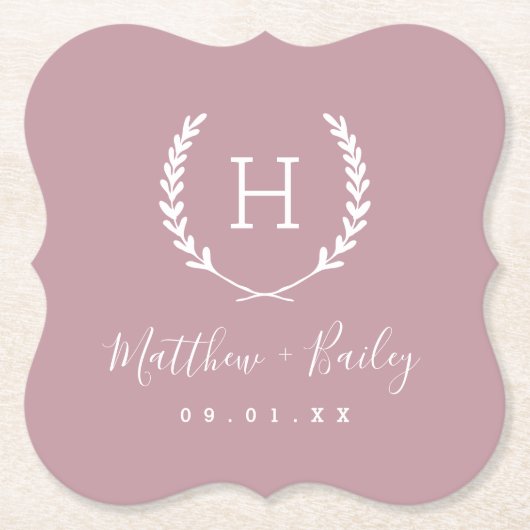 Laurel Crest Wedding Monogram | Mauve Kartonnen Onderzetters (Voorkant)