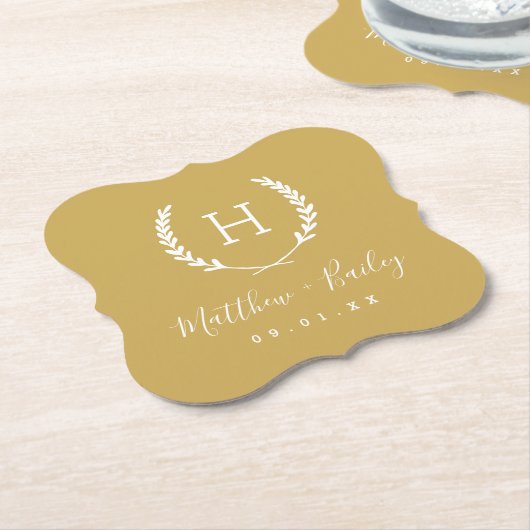 Laurel Crest Wedding Monogram | Mustard Yellow Kartonnen Onderzetters (Gekanteld)