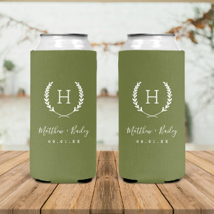 Laurel Crest Wedding Monogram Olijfgroen Seltzer Blikjeskoeler