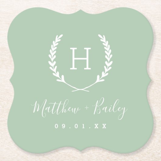 Laurel Crest Wedding Monogram | Sage Kartonnen Onderzetters (Voorkant)