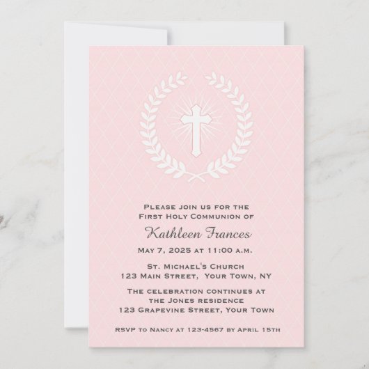 Laurel, Cross, Roze, Eerste Communie Kaart (Voorkant)