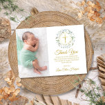 Laurel Floral Baptism, Christening Foto Bedankkaart<br><div class="desc">Een decoratieve laurelgarland,  gouden ringen en kruisbeelden zitten boven je speciale baptisme of het christenen. Dank je wel,  naast je eigen foto op dit elegante design. Ontworpen door: Thisnotme©</div>