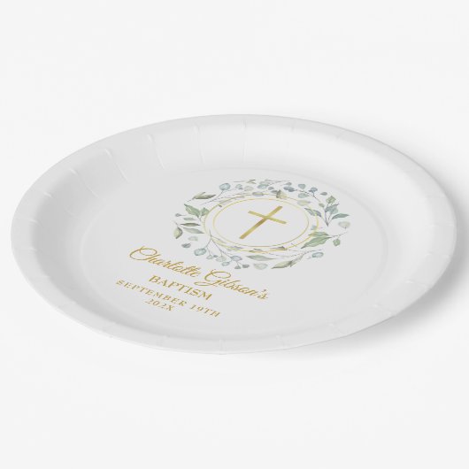 Laurel Garland Faux Gold Foil Baptisme Christening Papieren Bordje (Gekanteld)