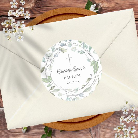 Laurel Garland Faux Silver Doop Christening Ronde Sticker