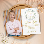 Laurel Garland First Community Foto Hartelijk dank Briefkaart<br><div class="desc">Een decoratieve lauriertuin,  gouden ringen en kruisbeelden staan boven je speciale heilige gemeenschap. Dank je wel,  naast je eigen foto op dit elegante ontwerp. Ontworpen door: Thisnotme©</div>