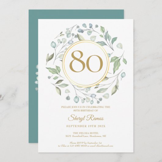 Laurel Garland Gold Monogram 80e verjaardag Kaart (Voorkant / Achterkant)