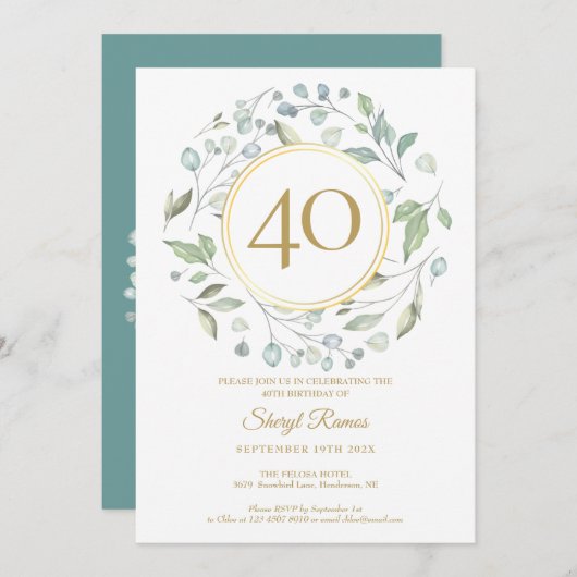Laurel Garland Goud Monogram 40e Verjaardag Kaart (Voorkant / Achterkant)