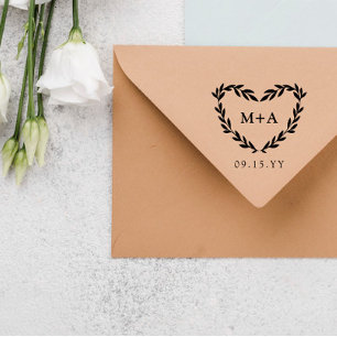 Laurel Heart Wreath Initialen & huwelijksdatum Rubberstempel
