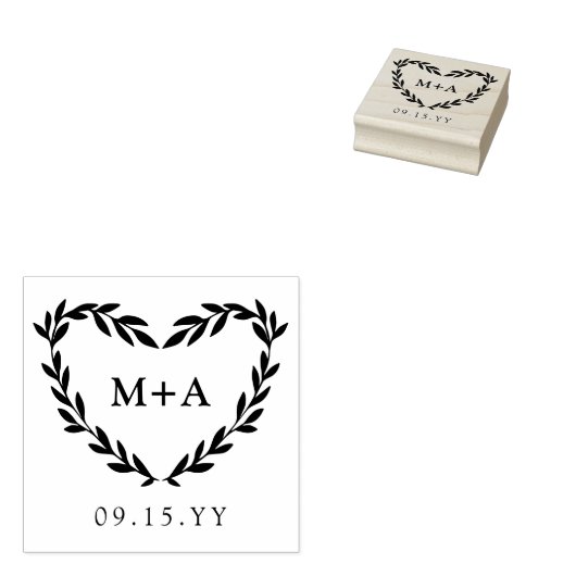 Laurel Heart Wreath Initialen & huwelijksdatum Rubberstempel (Gestempeld)