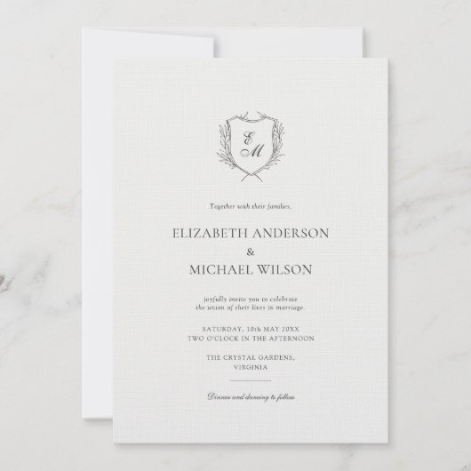 Laurel krans crest minimalistische chique bruiloft kaart (Voorkant)