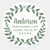 Laurel krans groen & wit retour adreslabels ronde sticker (Voorkant)
