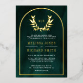 Laurel Krans Laat Emerald Green Wedding Gold Folie Uitnodiging (Voorkant)