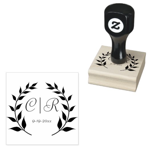 Laurel krans met Monogram en trouwdatum Rubberstempel (Gestempeld)