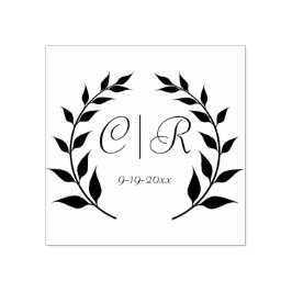 Laurel krans met Monogram en trouwdatum Rubberstempel