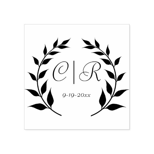 Laurel krans met Monogram en trouwdatum Rubberstempel (Afrduk)