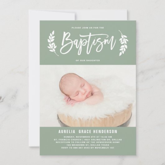 Laurel krans Sage Groene foto doop Kaart (Voorkant)