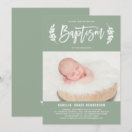Laurel krans Sage Groene foto doop Kaart (Voorkant / Achterkant)
