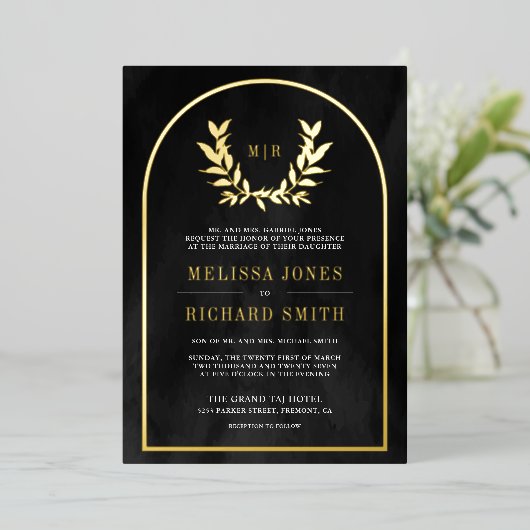 Laurel Krans Verlaat Houtskool Grijs Trouwgoud Folie Uitnodiging (Staand Voorkant)