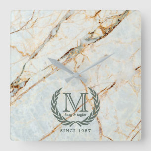 Laurel Leaf Classic Monogram Prachtige marmer Vierkante Klok