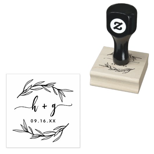 Laurel Leaf Couples Monogram bewaart de datum Rubberstempel (Gestempeld)