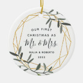 Laurel Leaf Eerste Gehuwd Kerstfeest Keramisch Ornament (Voorkant)