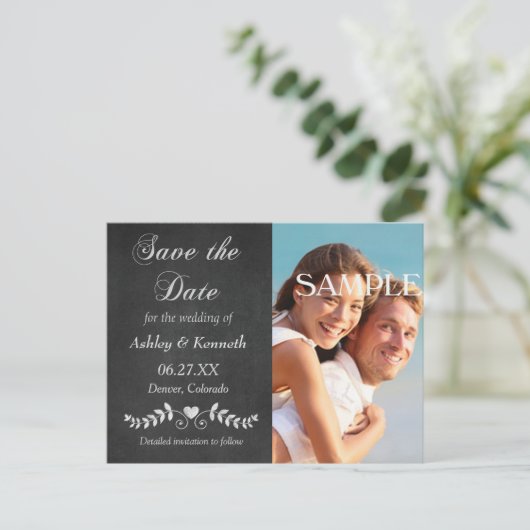 Laurel Leaf Heart Chalkboard Save the Date Briefkaart (Staand voorkant)