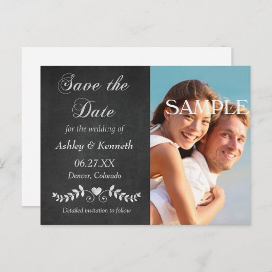 Laurel Leaf Heart Chalkboard Save the Date Briefkaart (Voorkant / Achterkant)