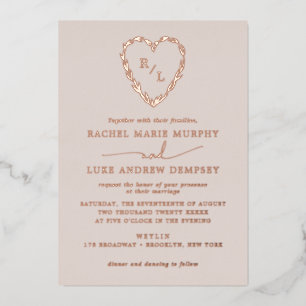 Laurel Leaf Heart Wreath Wedding Monogram Folie Uitnodiging