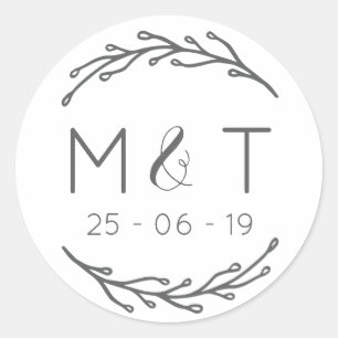 Laurel Leaf Initialen & Datum Bruiloft Stickers