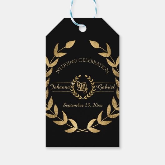 Laurel Leaf Krans Zwart Goud Bruiloft Receptie Cadeaulabel (Voorkant)