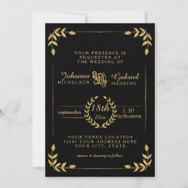 Laurel Leaf Modern Typography Black Gold Wedding Kaart