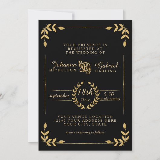 Laurel Leaf Modern Typography Black Gold Wedding Kaart (Voorkant)