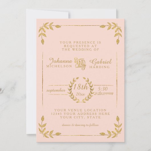 Laurel Leaf Modern Typography Blush Gold Wedding Kaart (Voorkant)